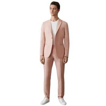  Terno Masculino, 2 предмета, Розовые Мужские Костюмы с Отворотом, 2021, Приталенный Мужской Костюм на одной пуговице, сшитый на заказ, Блейзер (Куртка + брюки),